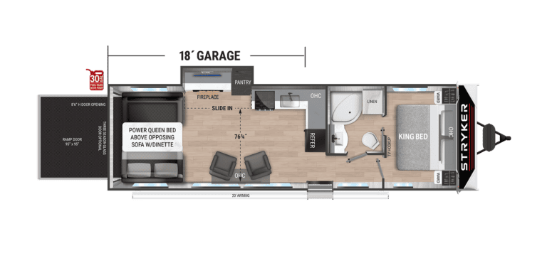 The image showcases the sleek and modern design of the Cruiser ST-3018 travel trailer. Its exterior features an eye-catching blend of colors and graphics, emphasizing its adventurous spirit. Large windows allow natural light to flood the interior, providing expansive views of the great outdoors. The entryway is inviting and spacious, hinting at a thoughtfully designed layout within. This trailer is perfect for families or groups seeking a comfortable, stylish camping experience. With its combination of functionality and aesthetic appeal, the ST-3018 is ready to make your outdoor adventures enjoyable and memorable.